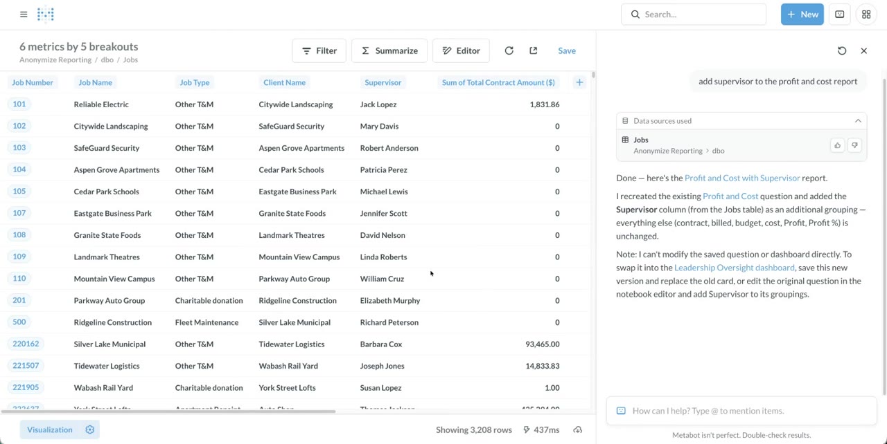 Metabot rebuilding the profit and cost report with a supervisor column added, from a plain-English request